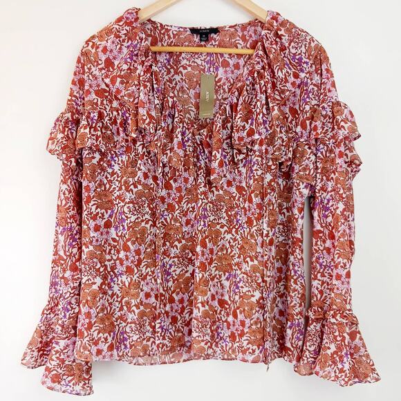 J.Crew SZ M Ruffle Crinkle Chiffon Top in Fête Floral NWT - Picture 2 of 8